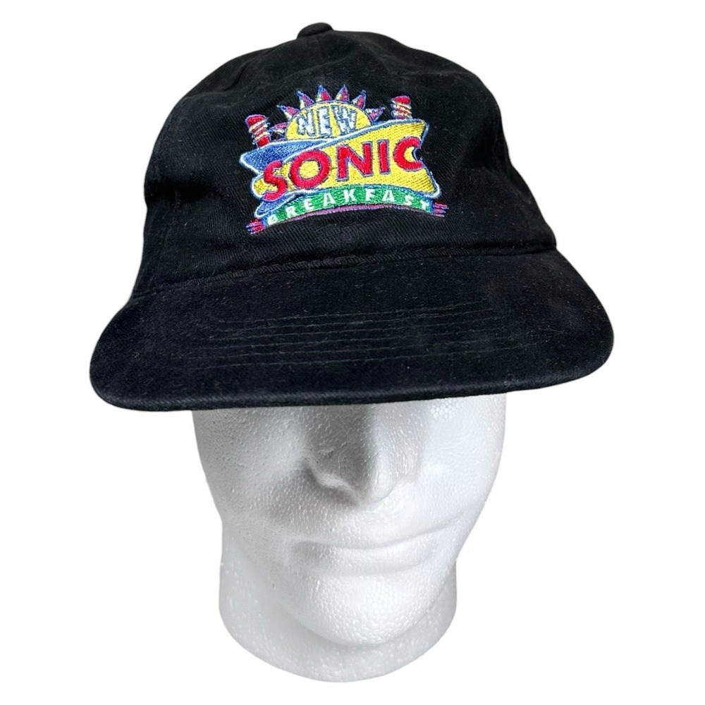 Vtg 90s Sonic Drive-In Promo Black Hat Adjustable New Breakfast Logo